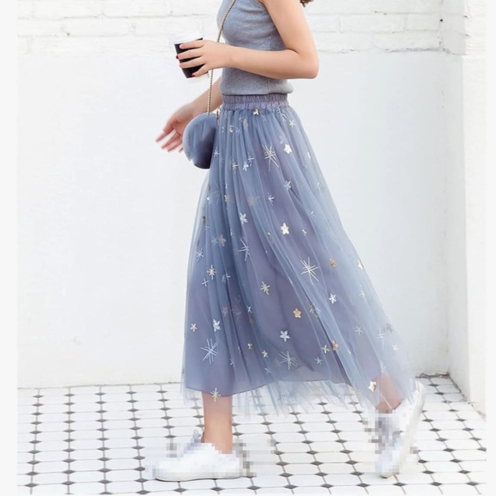 Gray Star-Embellished Tulle Midi Skirt Girl's XL